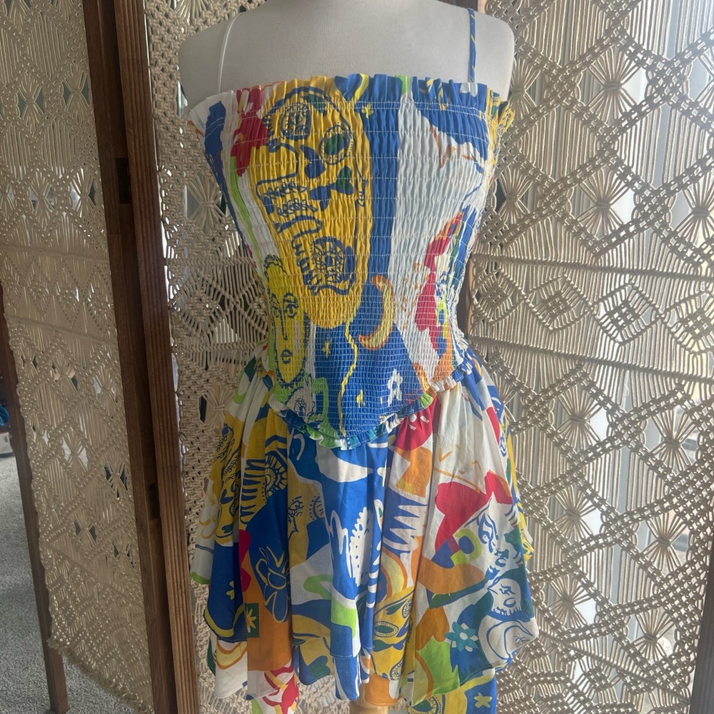 Chelsea & Violet Smocked Multicolor Tiered Linen Mini Dress